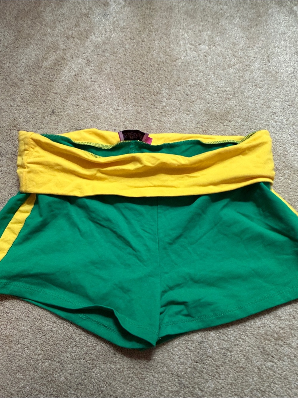 Edikted Green Athletic Shorts with Yellow Fold-Over Waistband